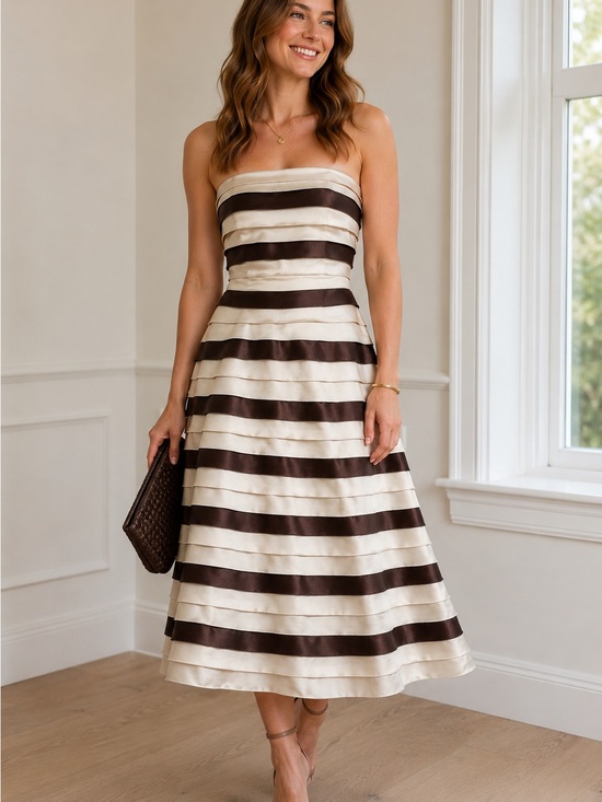 Eliza J Dresses & Skirts - Eliza J Strapless Cream and Brown Striped Midi Dress